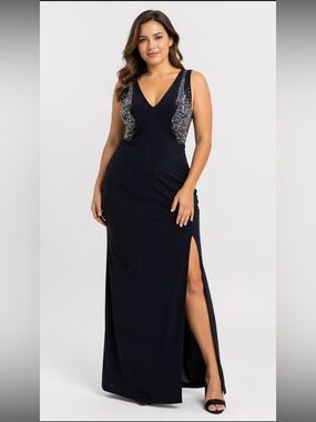 Vintage Cache Women's Evening Dress Navy Blue Maxi Beaded Chest XL Stretch Rayon